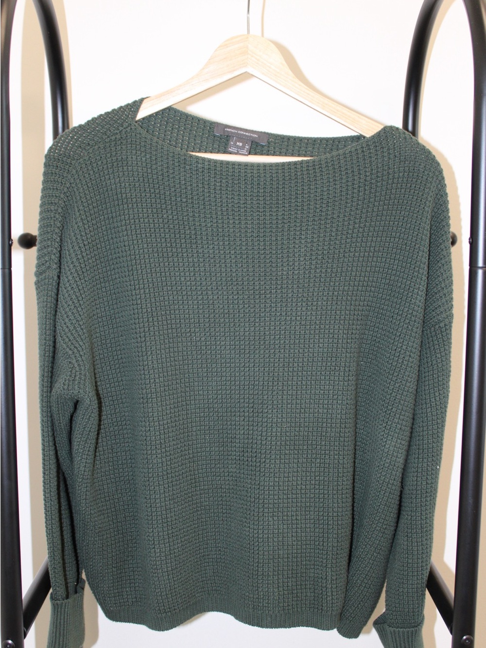 French Connection Olive Green Waffle Knit Crew Sweater